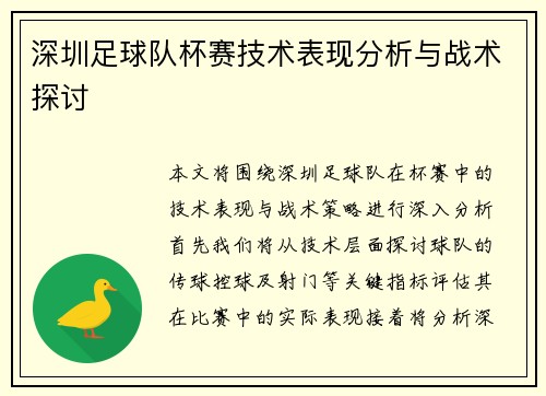 深圳足球队杯赛技术表现分析与战术探讨